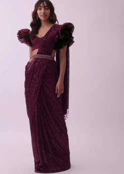 Maroon Red Sequins Saree With Fancy Flower Shaped Blouse