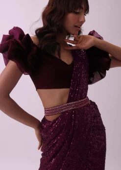 Maroon Red Sequins Saree With Fancy Flower Shaped Blouse