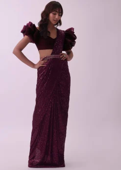 Maroon Red Sequins Saree With Fancy Flower Shaped Blouse