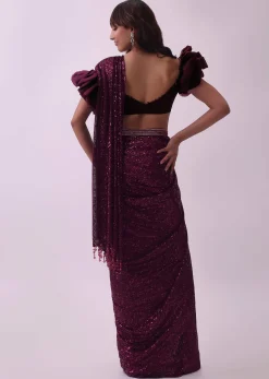 Maroon Red Sequins Saree With Fancy Flower Shaped Blouse
