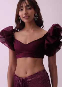 Maroon Red Sequins Saree With Fancy Flower Shaped Blouse