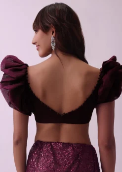 Maroon Red Sequins Saree With Fancy Flower Shaped Blouse