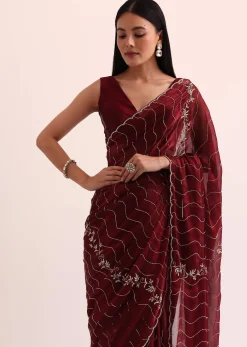 Maroon Red Tissue Saree With Cut Dana Embroidery And Unstitched Blouse