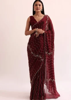 Maroon Red Tissue Saree With Cut Dana Embroidery And Unstitched Blouse