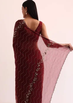 Maroon Red Tissue Saree With Cut Dana Embroidery And Unstitched Blouse
