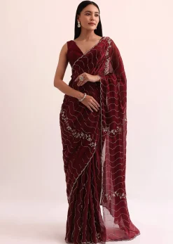 Maroon Red Tissue Saree With Cut Dana Embroidery And Unstitched Blouse