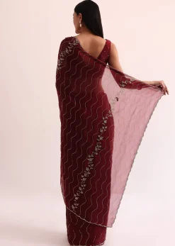 Maroon Red Tissue Saree With Cut Dana Embroidery And Unstitched Blouse