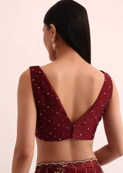 Maroon Red Tissue Saree With Cut Dana Embroidery And Unstitched Blouse