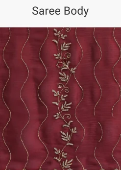 Maroon Red Tissue Saree With Cut Dana Embroidery And Unstitched Blouse