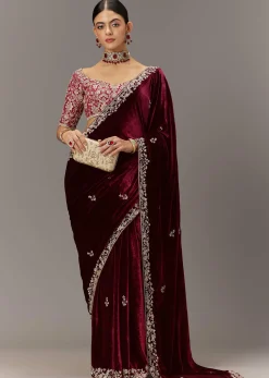 Maroon Saree In Velvet With Brocade Embroidered Blouse