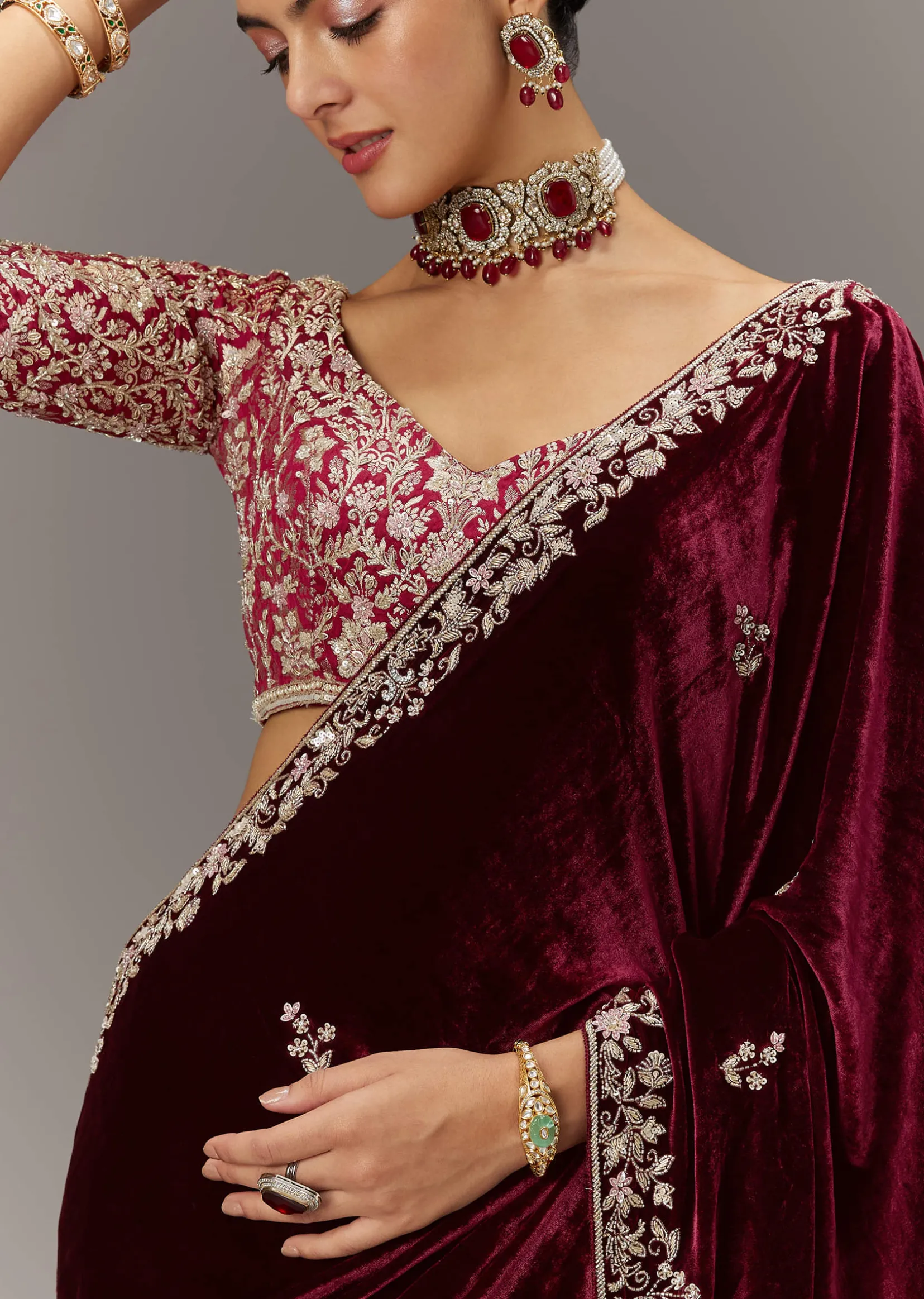 Maroon Saree In Velvet With Brocade Embroidered Blouse