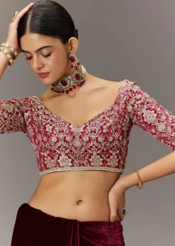 Maroon Saree In Velvet With Brocade Embroidered Blouse