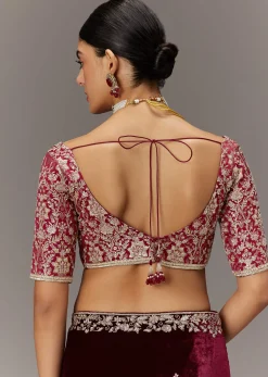 Maroon Saree In Velvet With Brocade Embroidered Blouse