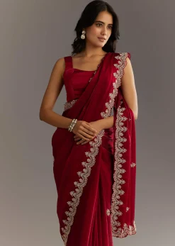 Maroon Satin Embroidered Saree With Scallop Border