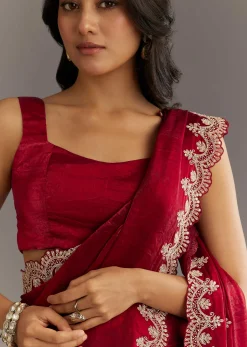 Maroon Satin Embroidered Saree With Scallop Border