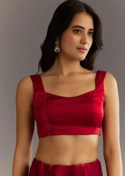 Maroon Satin Embroidered Saree With Scallop Border