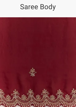 Maroon Satin Embroidered Saree With Scallop Border