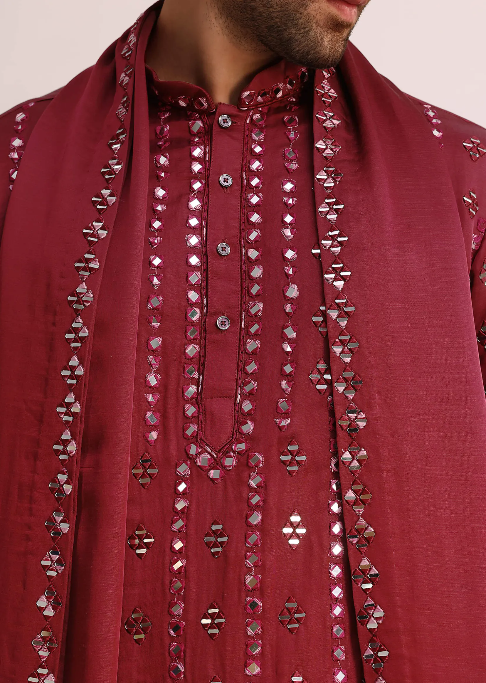 Maroon Silk Blend Mirror Work Kurta Set With Dupatta