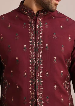 Maroon Silk Jacket Kurta Set With Embroidered Work
