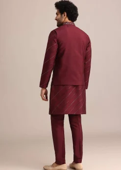 Maroon Silk Jacket Kurta Set With Embroidered Work