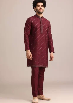 Maroon Silk Jacket Kurta Set With Embroidered Work