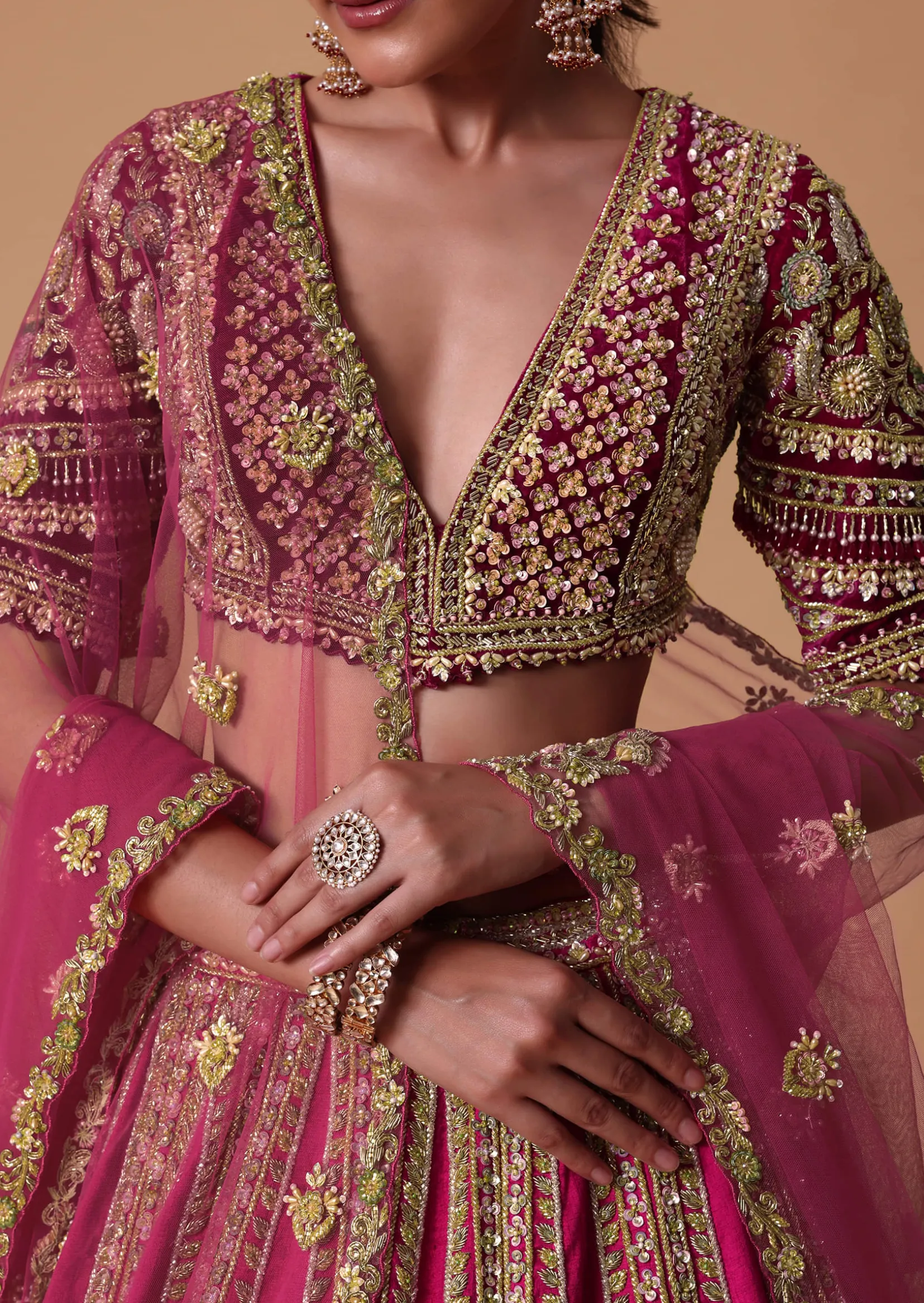 Maroon Silk Velvet 16 Kali Lehenga And Zardosi Blouse Set