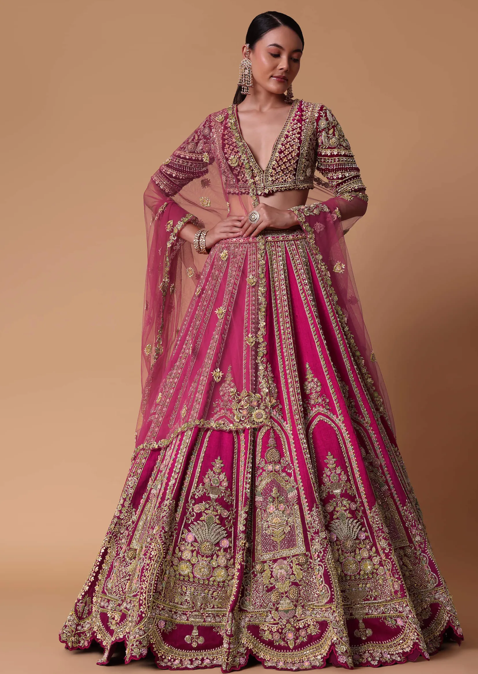 Maroon Silk Velvet 16 Kali Lehenga And Zardosi Blouse Set