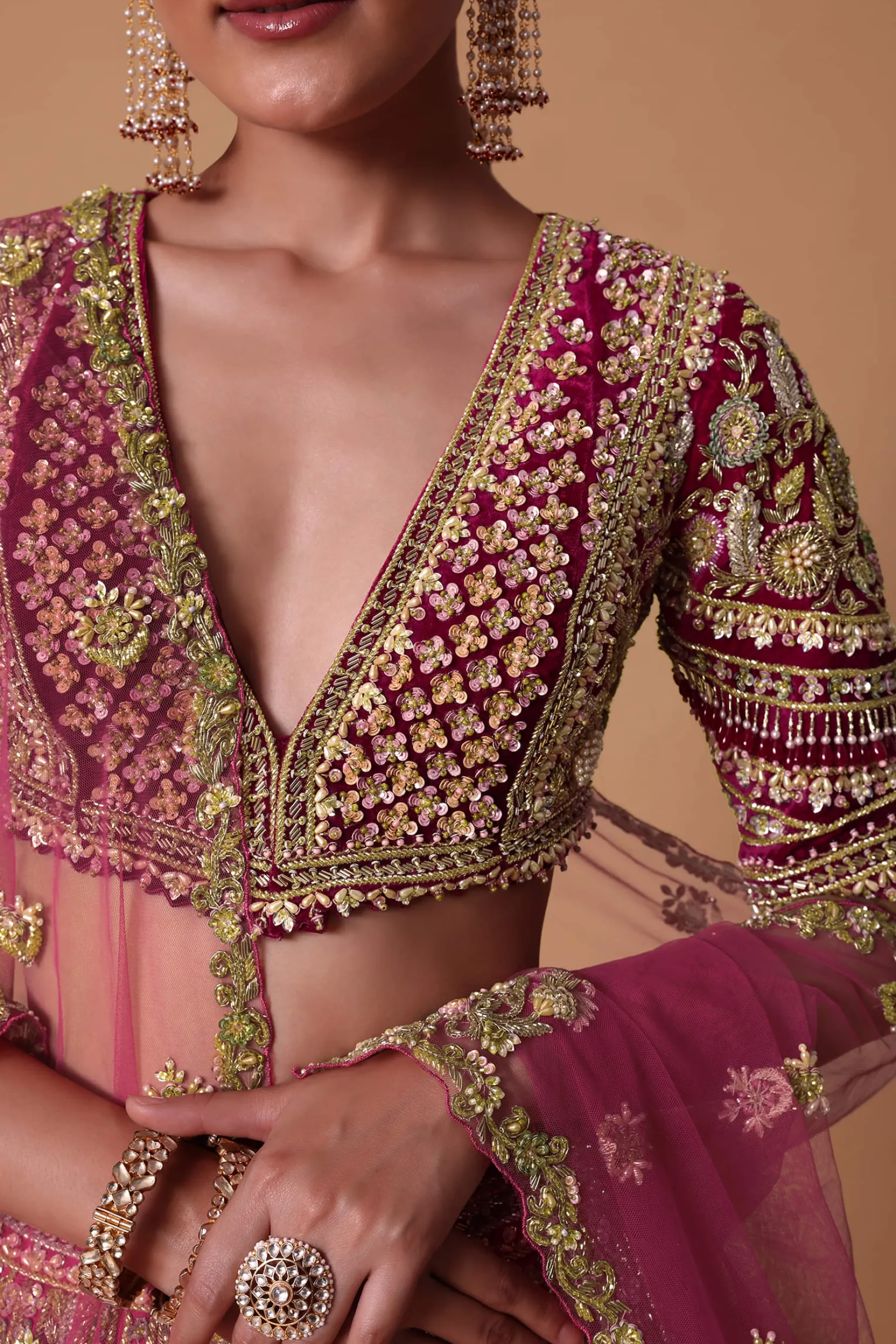 Maroon Silk Velvet 16 Kali Lehenga And Zardosi Blouse Set
