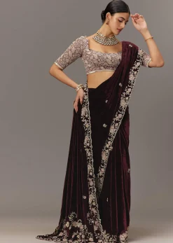 Maroon Velvet Saree With Brocade Embroidered Blouse