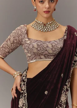 Maroon Velvet Saree With Brocade Embroidered Blouse