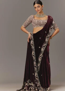 Maroon Velvet Saree With Brocade Embroidered Blouse