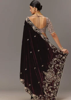Maroon Velvet Saree With Brocade Embroidered Blouse