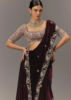 Maroon Velvet Saree With Brocade Embroidered Blouse