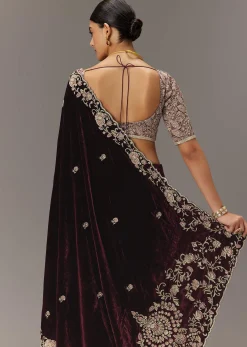 Maroon Velvet Saree With Brocade Embroidered Blouse
