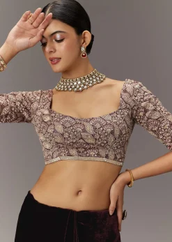 Maroon Velvet Saree With Brocade Embroidered Blouse