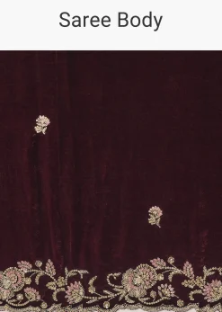 Maroon Velvet Saree With Brocade Embroidered Blouse