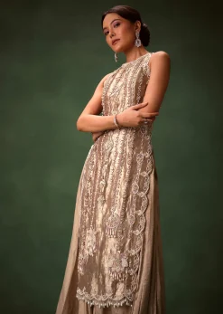 Mauve Dhoti Drape Skirt Brocade Embroidered Kurta With Side Tie Ups