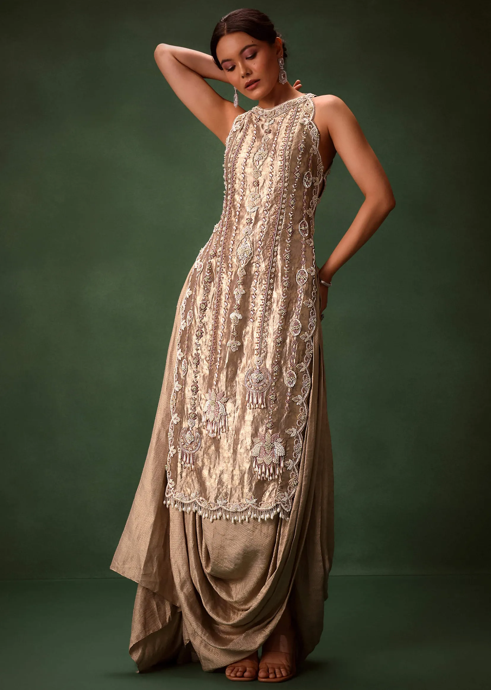 Mauve Dhoti Drape Skirt Brocade Embroidered Kurta With Side Tie Ups
