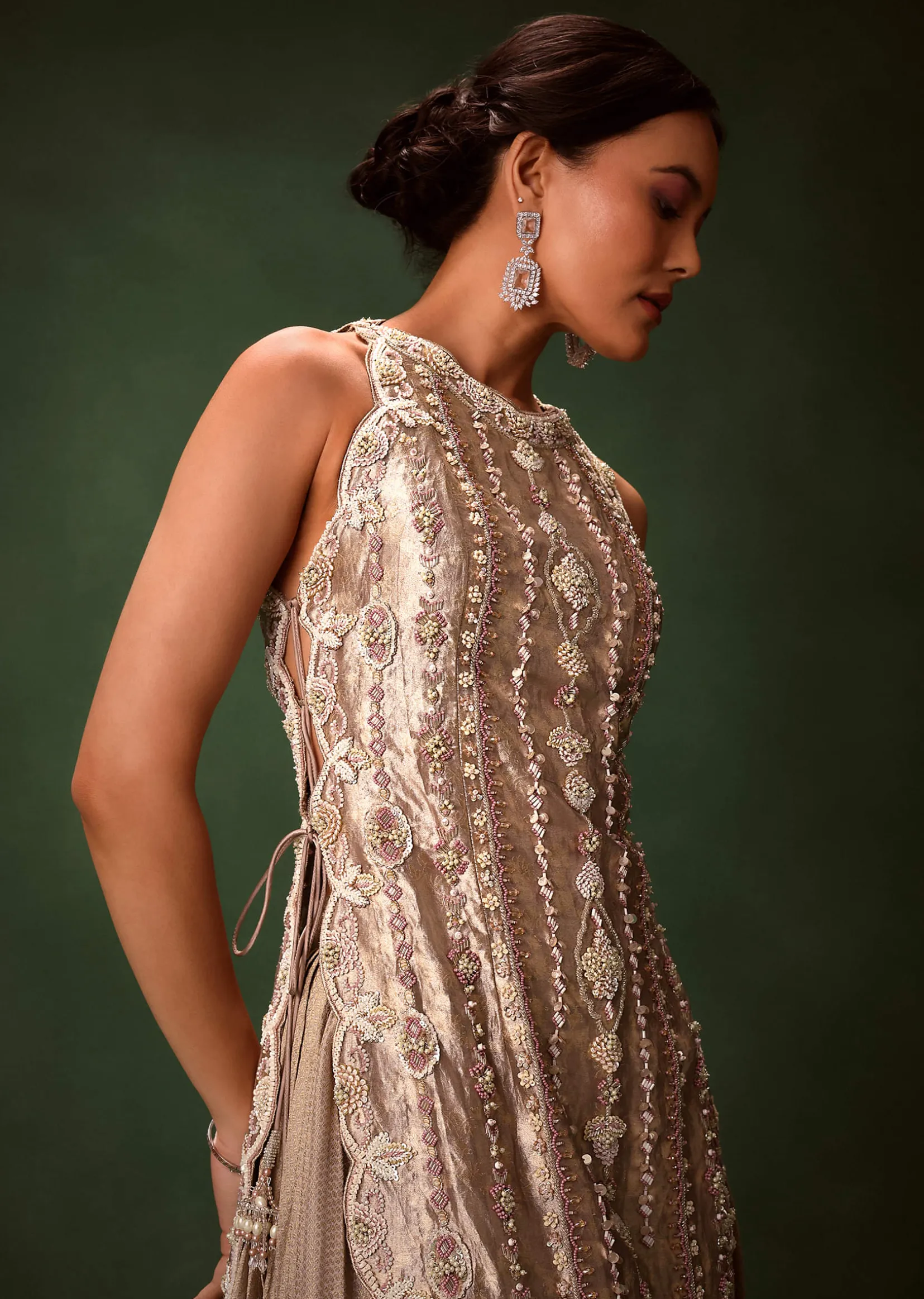 Mauve Dhoti Drape Skirt Brocade Embroidered Kurta With Side Tie Ups