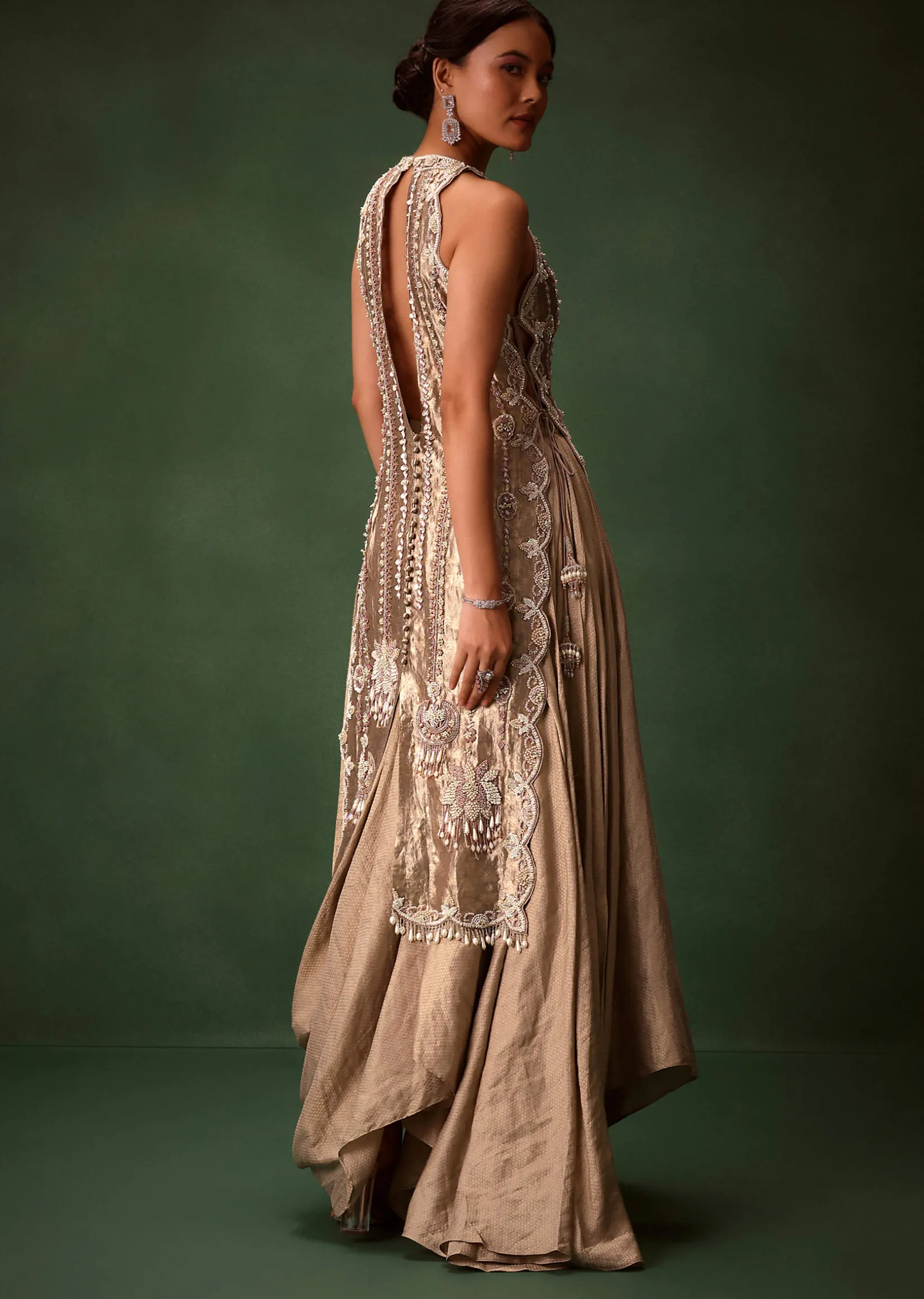 Mauve Dhoti Drape Skirt Brocade Embroidered Kurta With Side Tie Ups