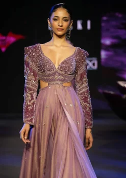 Mauve Embroidered Anarkali Suit With Flared Palazzo Pant