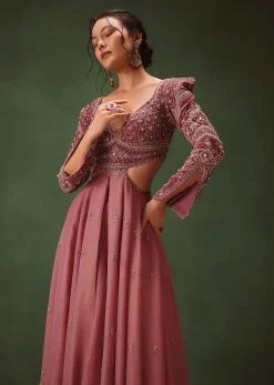 Mauve Embroidered Anarkali Suit With Flared Palazzo Pant