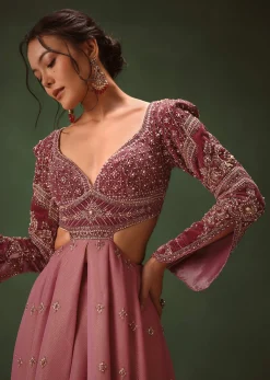 Mauve Embroidered Anarkali Suit With Flared Palazzo Pant