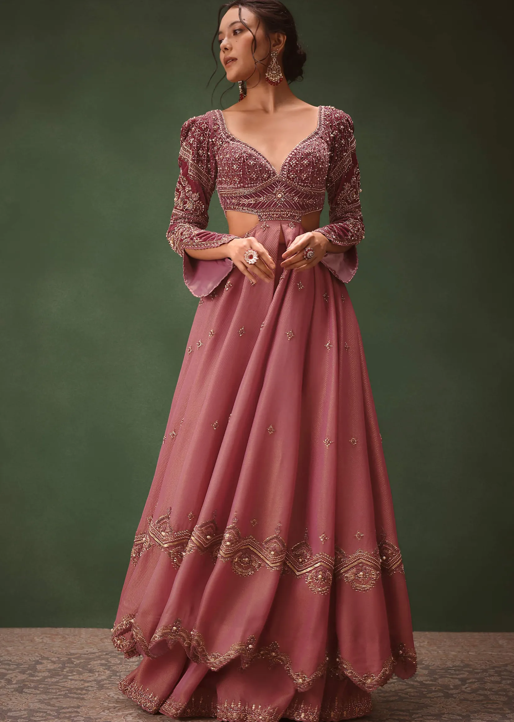 Mauve Embroidered Anarkali Suit With Flared Palazzo Pant