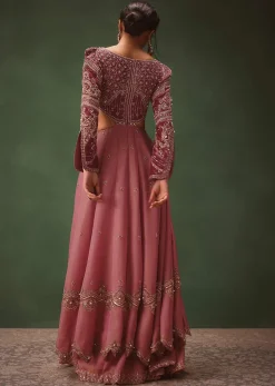 Mauve Embroidered Anarkali Suit With Flared Palazzo Pant