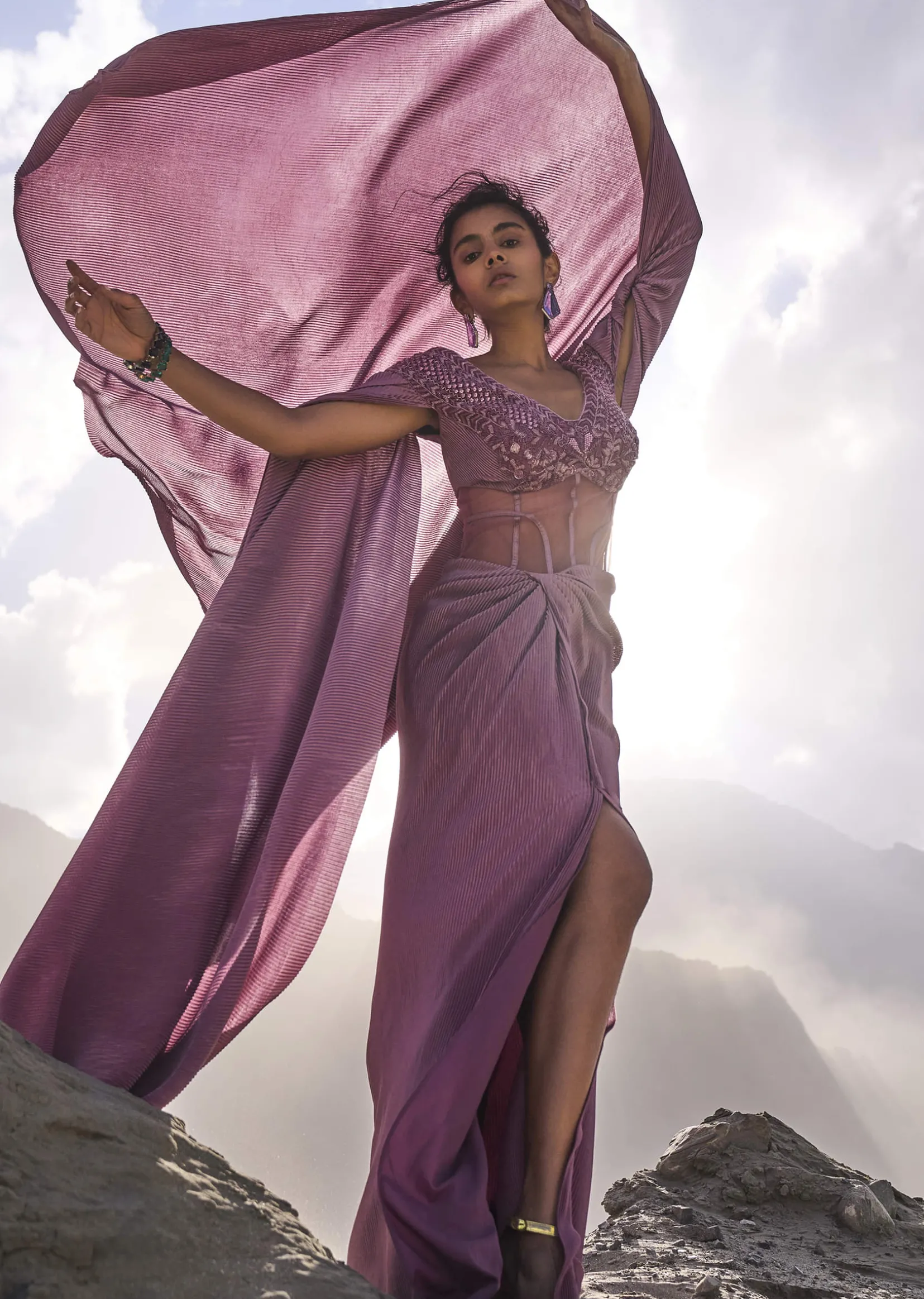 Mauve Embroidered Pre Pleated Drape Gown With Trail On Shoulder