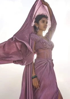 Mauve Embroidered Pre Pleated Drape Gown With Trail On Shoulder