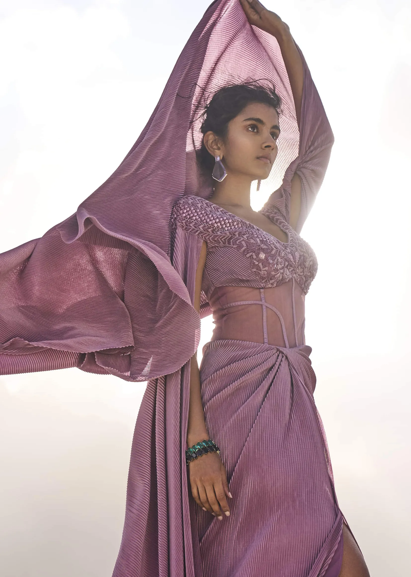 Mauve Embroidered Pre Pleated Drape Gown With Trail On Shoulder