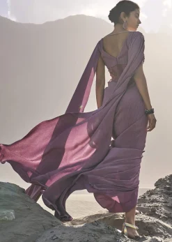 Mauve Embroidered Pre Pleated Drape Gown With Trail On Shoulder
