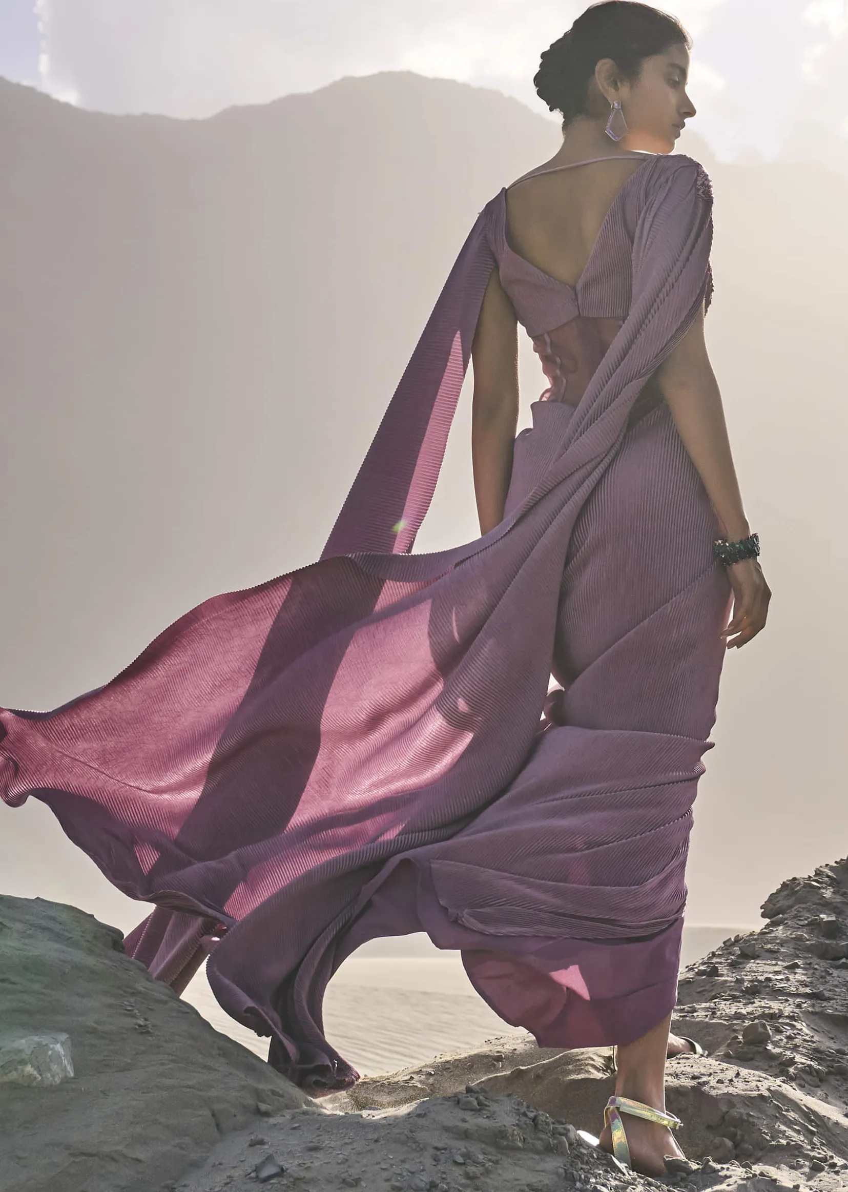 Mauve Embroidered Pre Pleated Drape Gown With Trail On Shoulder